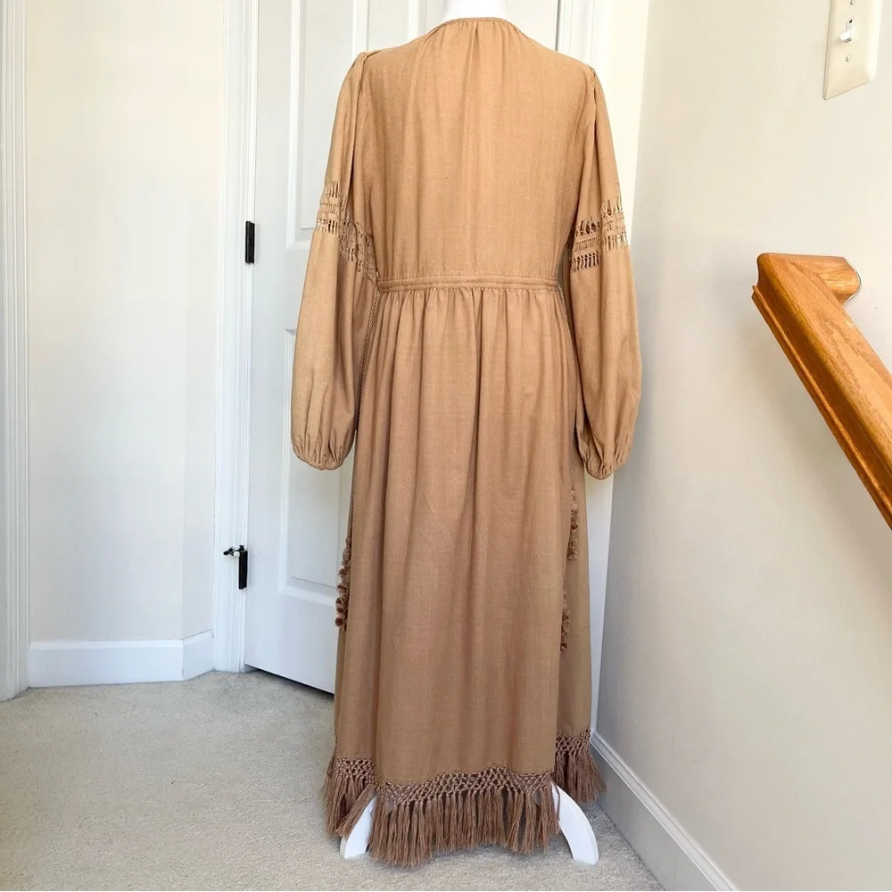 Ulla Johnson Kalea 100% Raw Silk Knit Long Sleeve Midi Dress Brown Beige Tan 4 S - Picture 6 of 11